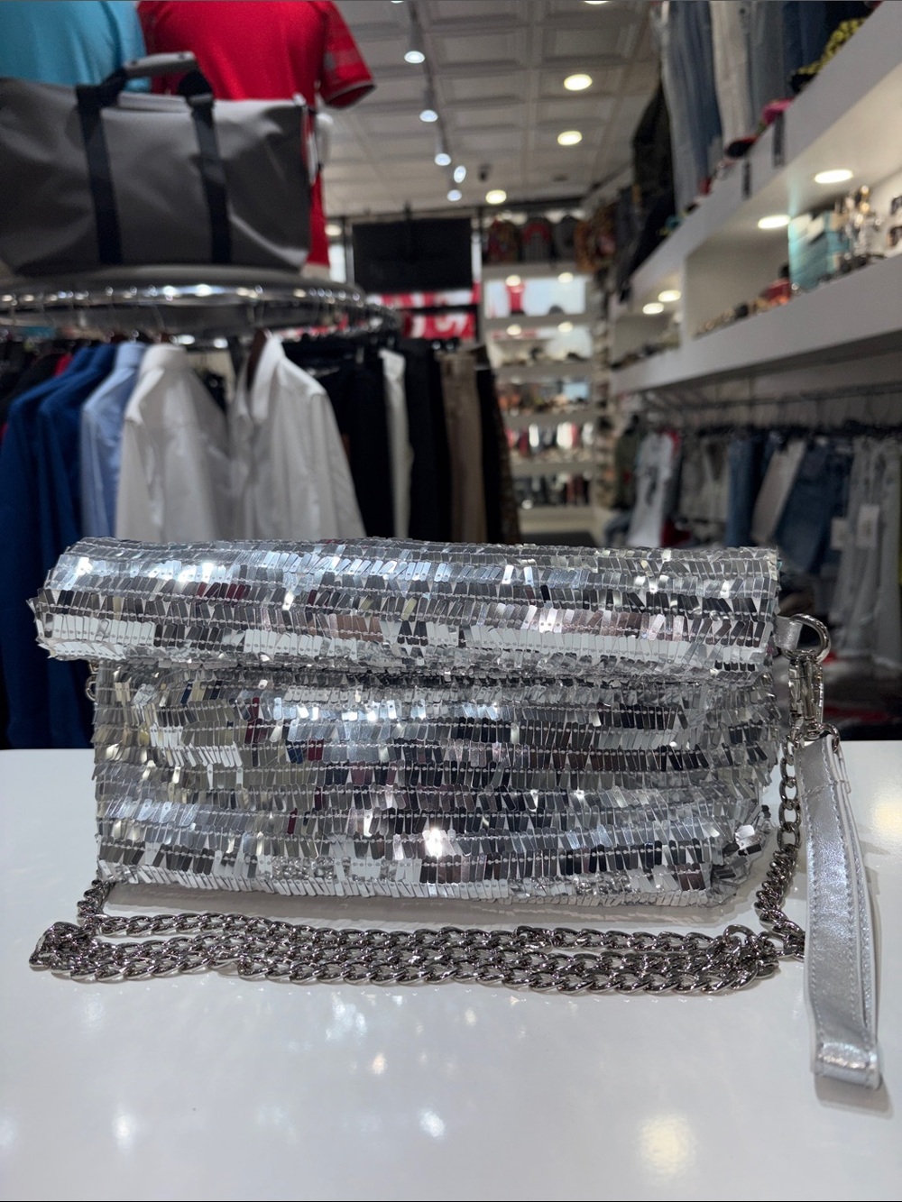 Silver Sequin Chain-Shoulder Clutch